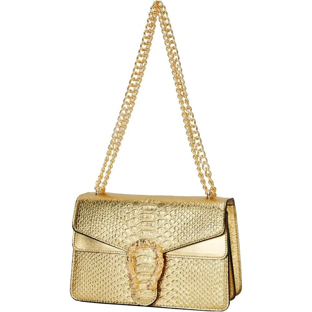 ⚡ Women's Leather Vintage Snake Print Crossbody Gold Square Satchel Handbag
